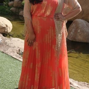 Coral dress with gold accents